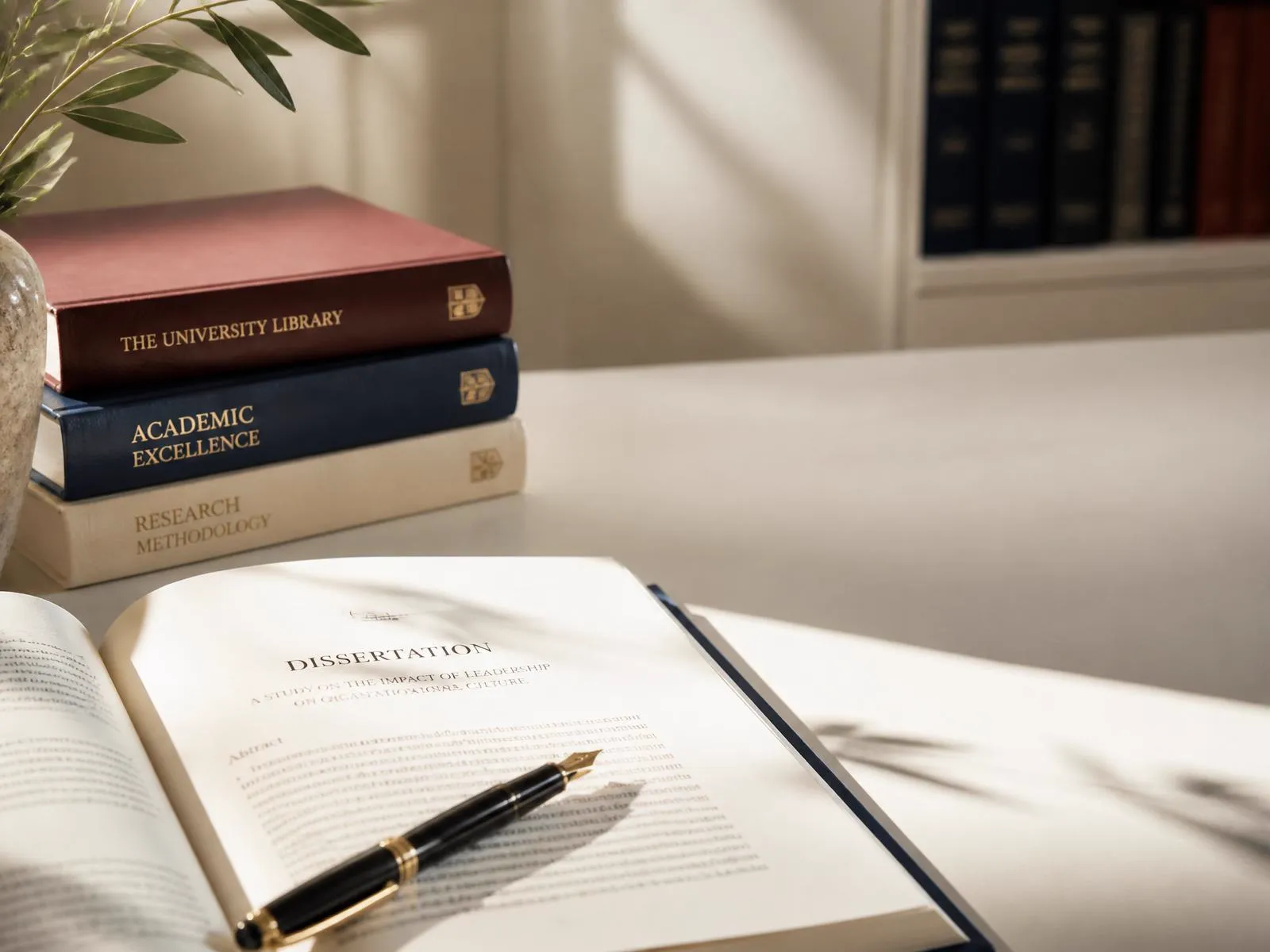 Acompanhamento e consultoria para teses de doutoramento e dissertações de mestrado em Portugal, dissertação académica sobre secretária com livros e caneta em tons clean, azul-suave e branco